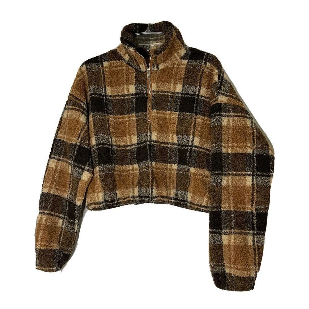New! Zaful Brown plaid fuzzy pullover cropped teddy sweater size large